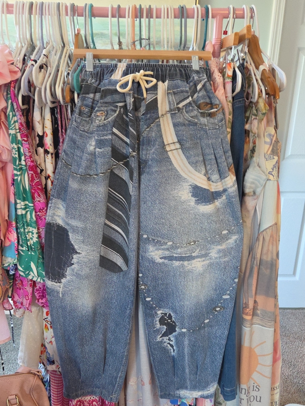 Relaxed Blue Distressed Boyfriend Jeans with Drawstring NWOT